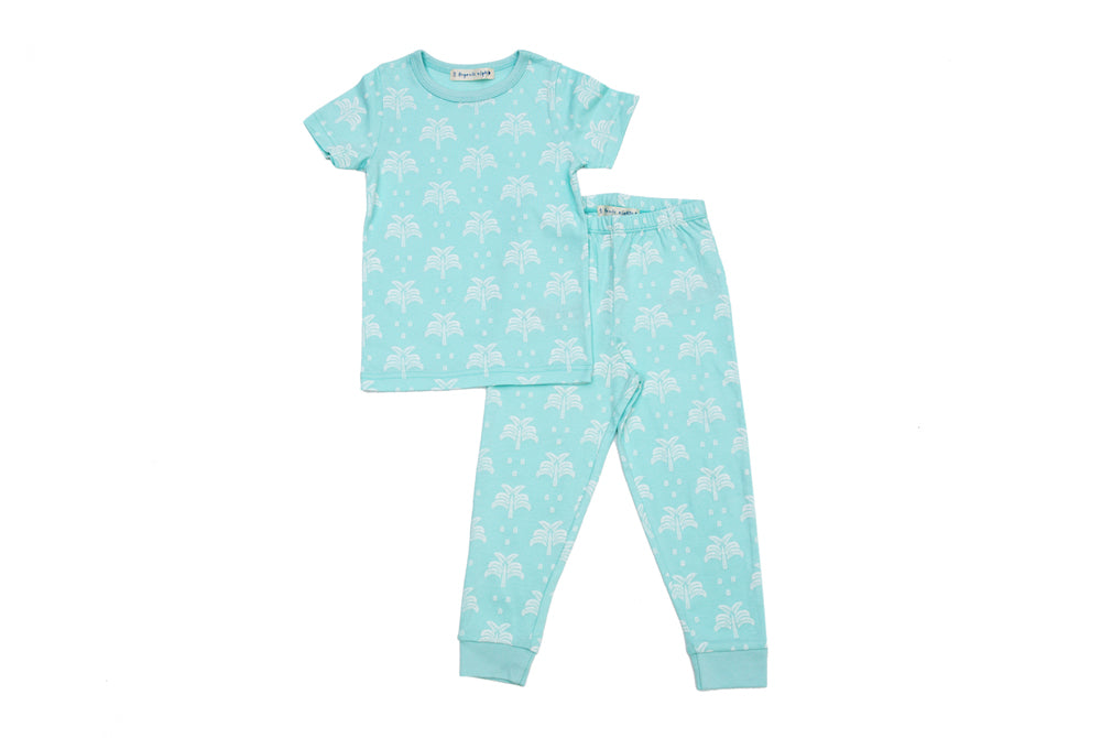 GOTS-Certified Organic Cotton Summer T-Shirt and Long-Leg Pyjama Set - Palms & Pineapples in Island Water Green