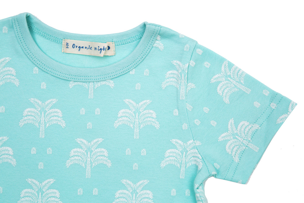 GOTS-Certified Organic Cotton Summer T-Shirt and Long-Leg Pyjama Set - Palms & Pineapples in Island Water Green