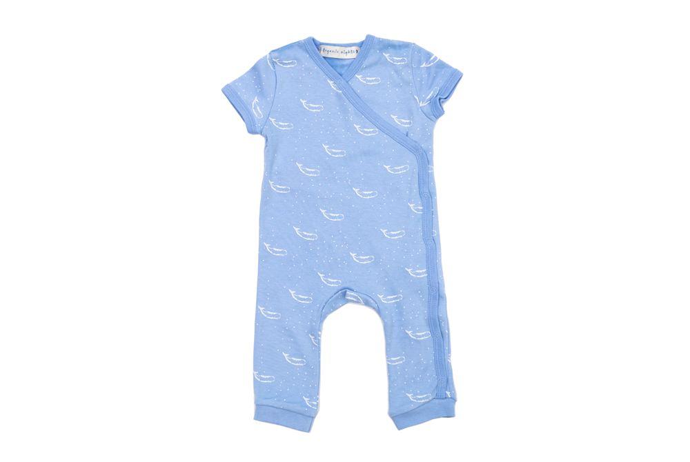 Organic Cotton Summer Crossover Sleepsuit With Legs - Tiny Whales in Blue