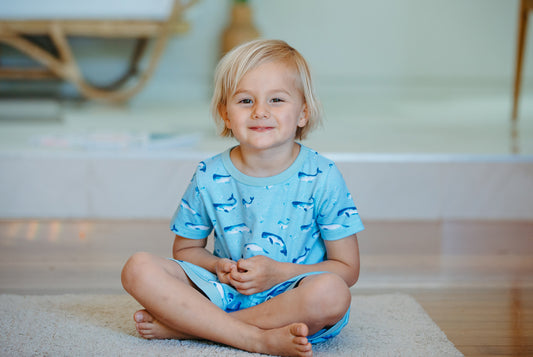 GOTS-Certified Organic Cotton Summer Short Pyjama Set - Watercolour Whale Pods in Aquatic Blue