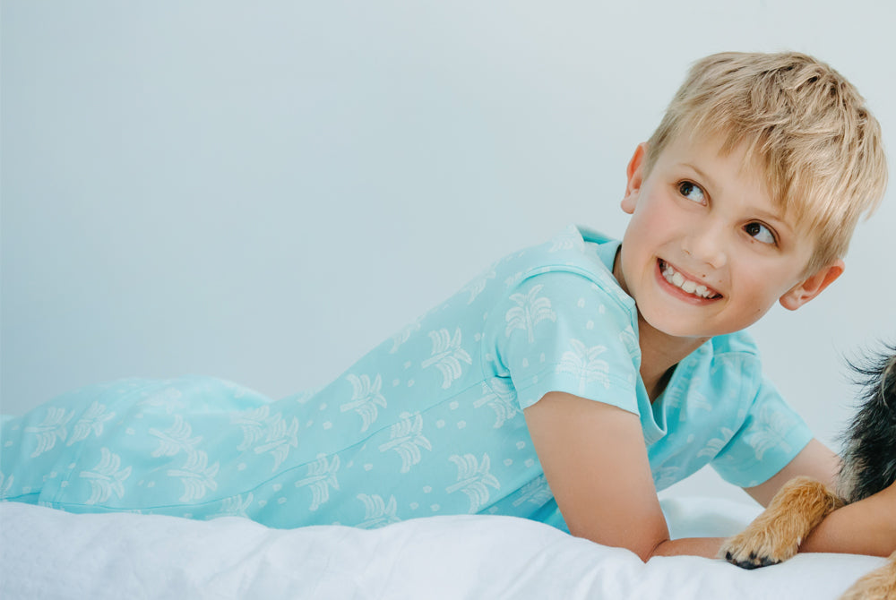 GOTS-Certified Organic Cotton Summer T-Shirt and Long-Leg Pyjama Set - Palms & Pineapples in Island Water Green