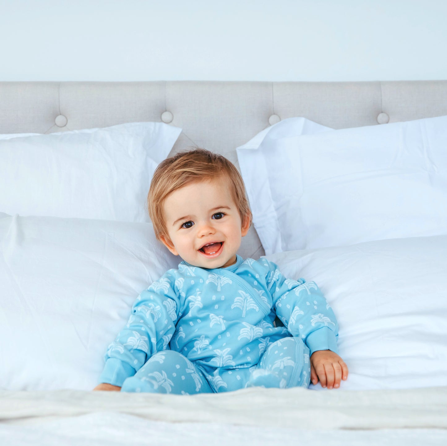 Organic Cotton Crossover Baby Onesie Sleepsuit with Feet in Aquatic Blue Palms and Pineapples