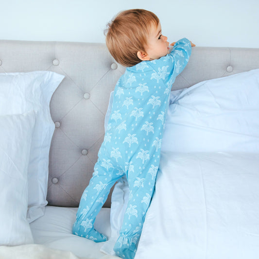 Organic Cotton Crossover Baby Onesie Sleepsuit with Feet in Aquatic Blue Palms and Pineapples