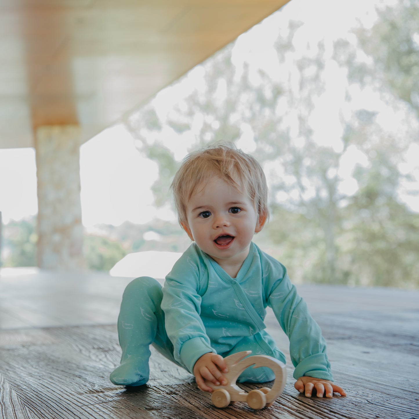 Organic Cotton Crossover Baby Onesie Sleepsuit with Feet in Sage Green Tiny Whales