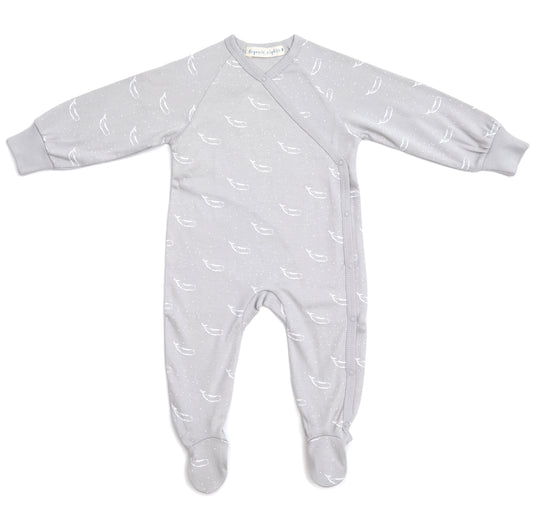 Organic Cotton Crossover Baby Onesie Sleepsuit with Feet in Grey Tiny Whales