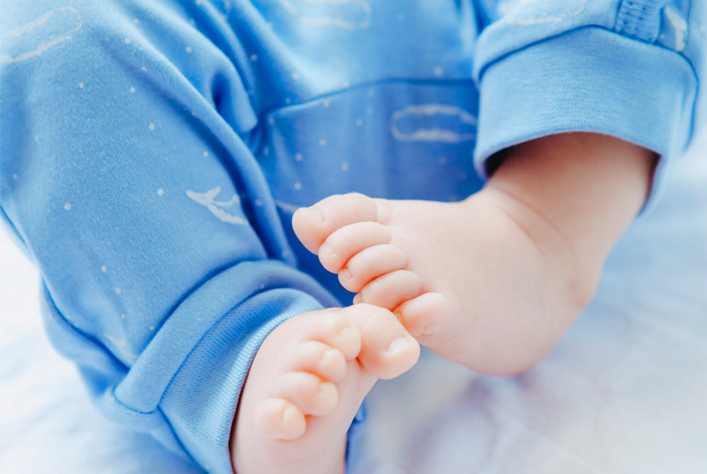 Organic Cotton Summer Crossover Sleepsuit With Legs - Tiny Whales in Blue
