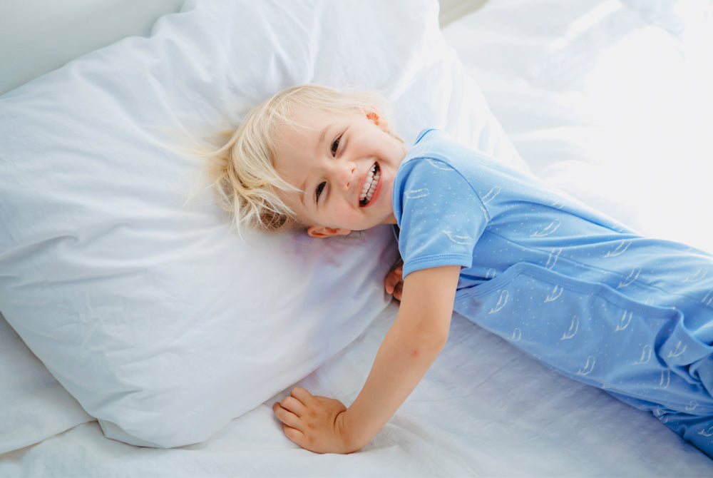 Organic Cotton Summer Crossover Sleepsuit With Legs - Tiny Whales in Blue