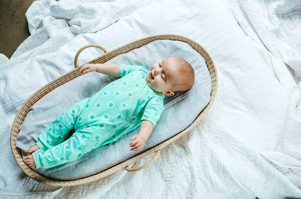 Organic Cotton Summer Crossover Sleepsuit With Legs - Dandelions in Mint