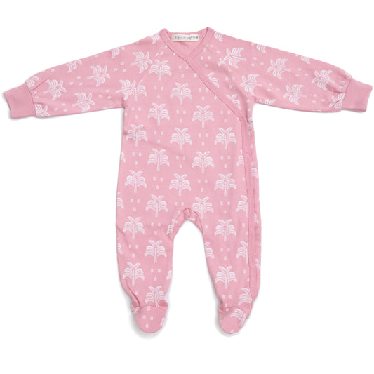 Organic Cotton Crossover Baby Onesie Sleepsuit with Feet in Blush Pink Palms and Pineapples