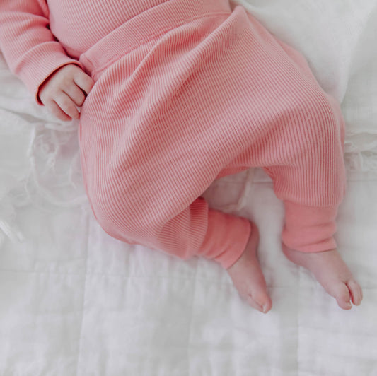 100% Certified Organic Cotton Rib-Knit Autumn Baby Sleep Pants in Pink