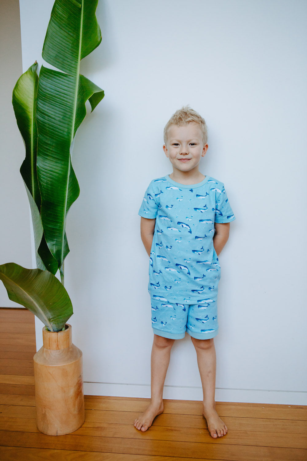 GOTS-Certified Organic Cotton Summer Short Pyjama Set - Watercolour Whale Pods in Aquatic Blue