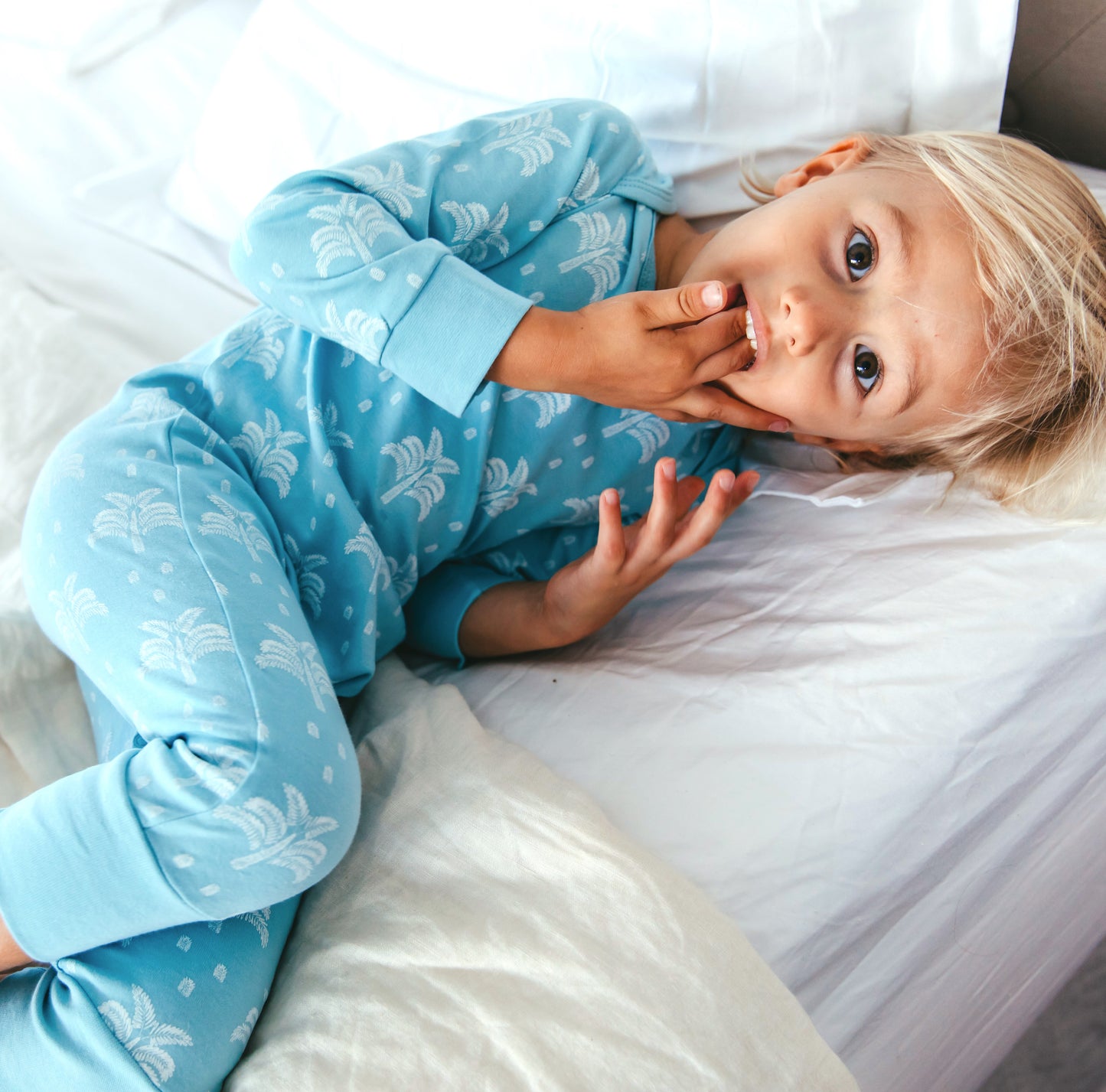 Organic Cotton Baby Onesie Sleepsuit in Aquatic Blue Palms and Pineapples