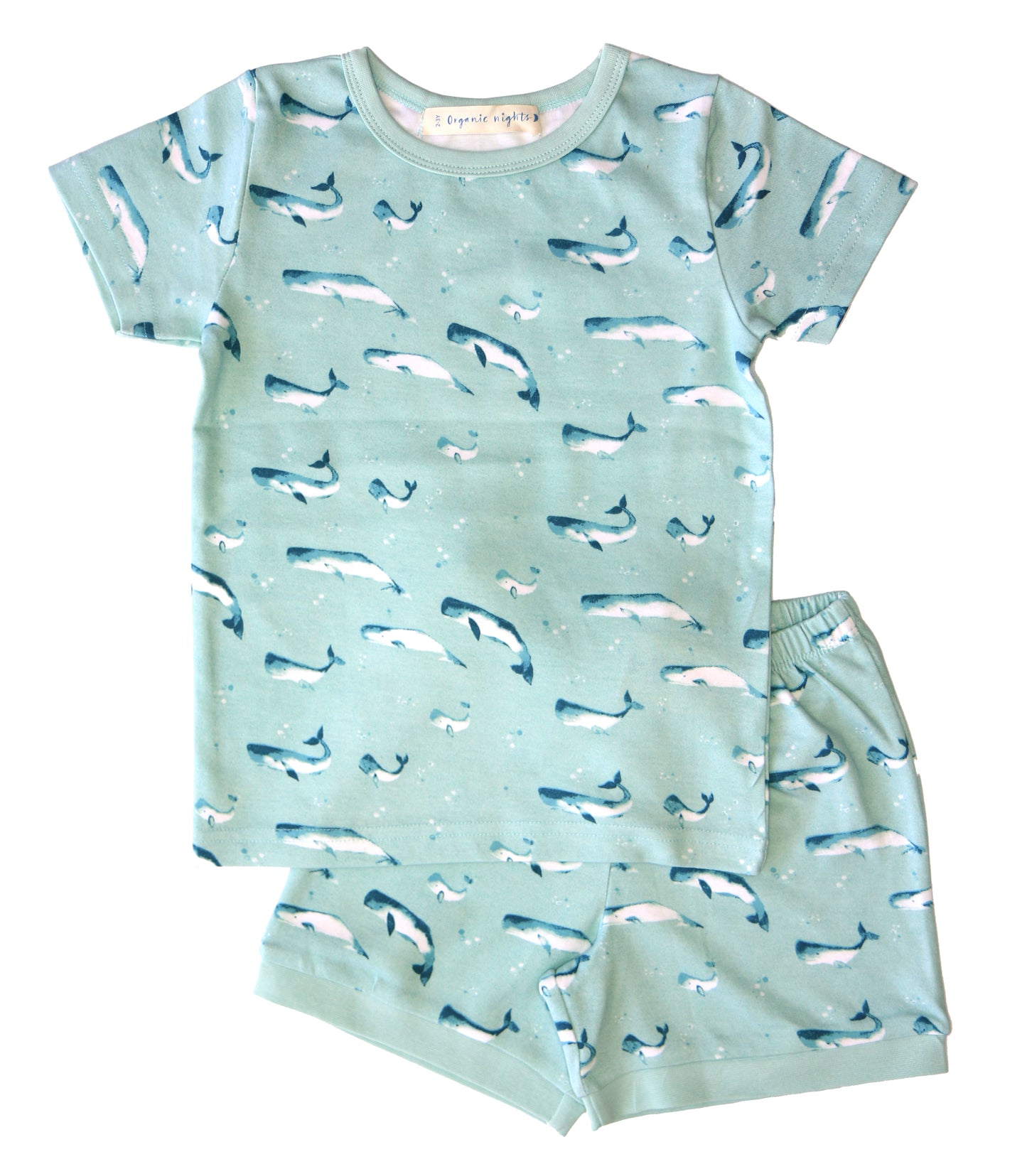 GOTS-Certified Organic Cotton Summer Short Pyjama Set - Watercolour Whale Pods in Aquatic Blue
