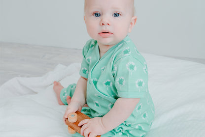 Organic Cotton Summer Crossover Sleepsuit With Legs - Dandelions in Mint