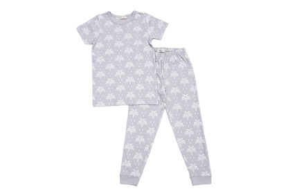 GOTS-Certified Organic Cotton Summer T-Shirt and Long-Leg Pyjama Set - Palms & Pineapples in Grey