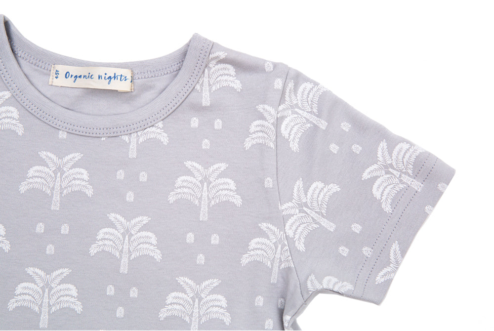 GOTS-Certified Organic Cotton Summer T-Shirt and Long-Leg Pyjama Set - Palms & Pineapples in Grey