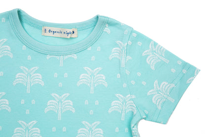 GOTS-Certified Organic Cotton Summer T-Shirt and Long-Leg Pyjama Set - Palms & Pineapples in Island Water Green