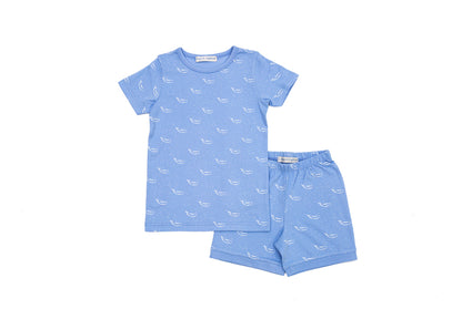 GOTS-Certified Organic Cotton Summer Short Pyjama Set in Hydrangea Blue with Tiny Whale