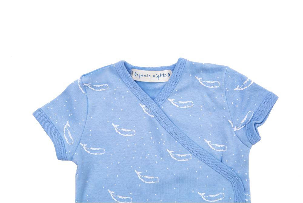Organic Cotton Summer Crossover Sleepsuit With Legs - Tiny Whales in Blue