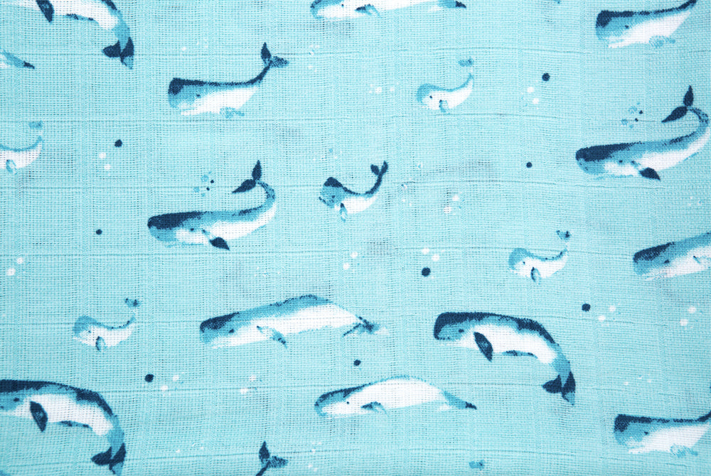100% Organic Cotton Muslin - Watercolour Whales in Aquatic Blue