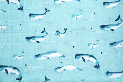 100% Organic Cotton Muslin - Watercolour Whales in Aquatic Blue