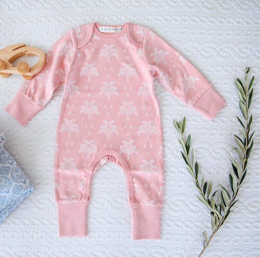 Organic Cotton Baby Onesie Sleepsuit in Blush Pink Palms and Pineapples