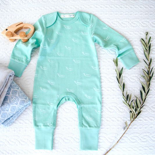 Organic Cotton Baby Onesie Sleepsuit in Sage Green Tiny Whales