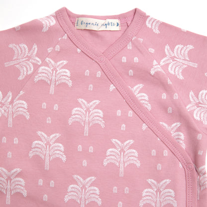 Organic Cotton Crossover Baby Onesie Sleepsuit with Feet in Blush Pink Palms and Pineapples