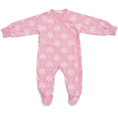 Organic Cotton Crossover Baby Onesie Sleepsuit with Feet in Blush Pink Palms and Pineapples