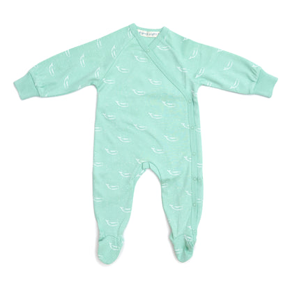 Organic Cotton Crossover Baby Onesie Sleepsuit with Feet in Sage Green Tiny Whales