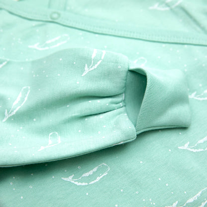 Organic Cotton Crossover Baby Onesie Sleepsuit with Feet in Sage Green Tiny Whales