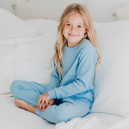 100% Organic Cotton Rib-Knit Autumn Winter Children's Pyjamas in Powder Blue