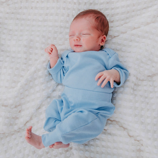 100% Certified Organic Cotton Rib-Knit Autumn Baby Sleep Pants in Blue