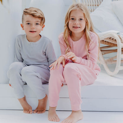 100% Organic Cotton Rib-Knit Autumn Winter Children's Pyjamas in Pop of Pink