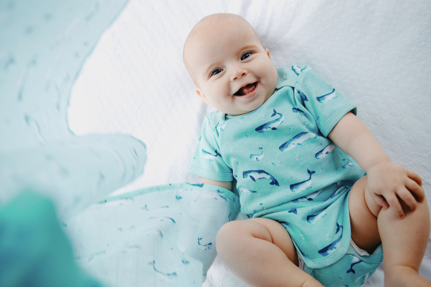 Organic Cotton Summer Crossover Sleepsuit With Legs - Watercolour Whales